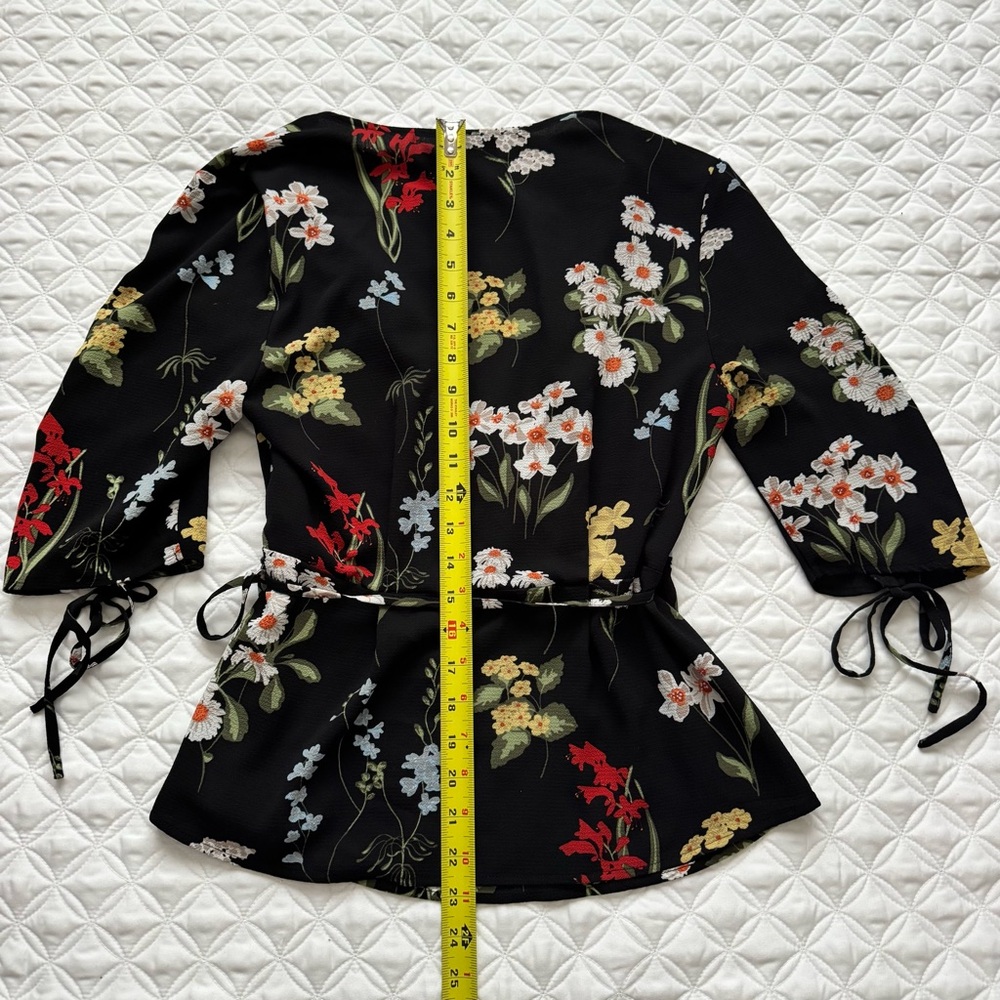 Topshop Black V-Neck Floral Wrap Tie Ruched Elbow Length Sleeve Blouse Sz 6 Tall - Picture 14 of 16